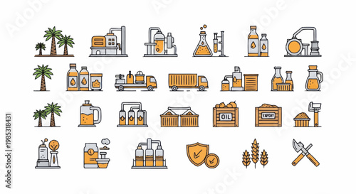 Palm Oil Production Industry Icons Set.