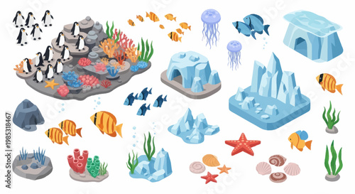 Underwater Scene Elements Collection with Penguins and Coral Reefs.