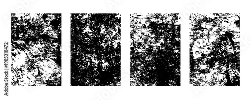 Set of four grunge textures, distressed black and white overlays, abstract vector backgrounds for design, rough surface effects, weathered patterns
