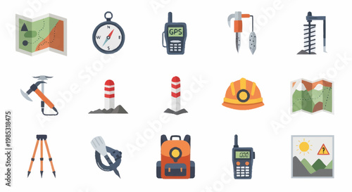 Collection of surveying and outdoor adventure equipment icons.