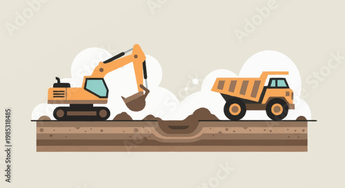 Construction Excavator and Dump Truck Working Together on Site.
