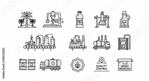 Industrial icons set for oil and gas industry production and transport.
