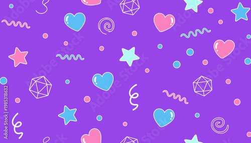 Colorful kawaii doodle pattern with hearts stars swirls and geometric shapes on purple background playful cute seamless decorative design
