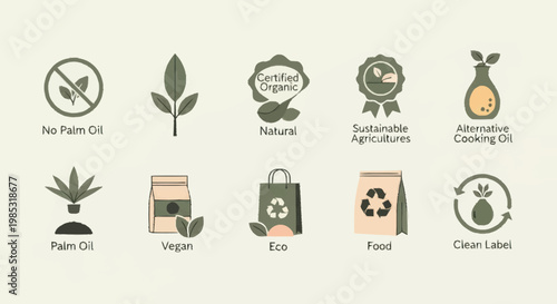Collection of eco-friendly food and product certification icons.
