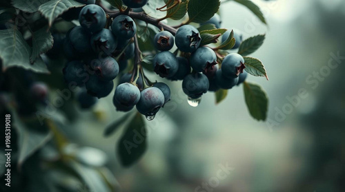 Fresh Blueberries on Plant with Water Drops in Sunlight