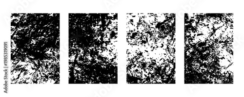 Set of four grunge textures, black ink brush strokes on, distressed vector overlays for design elements