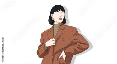 Fashion illustration, woman in brown jacket, minimalist style, vector graphic