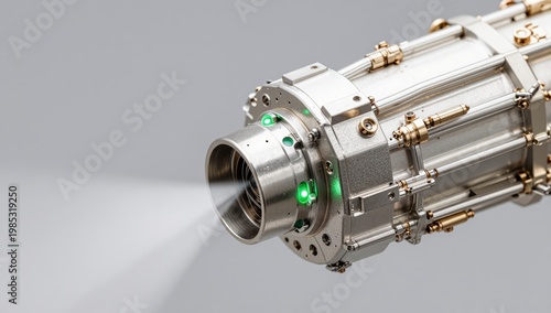 Advanced industrial laser nozzle emitting focused beam of light on grey background