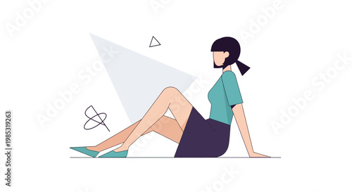 Vector illustration of woman sitting, modern minimalist design, business casual outfit, flat color style