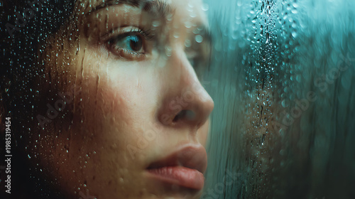 Close-up of a woman's face looking out of a rain-streaked window. Her expression is pensive, reflecting a mood of introspection and melancholy