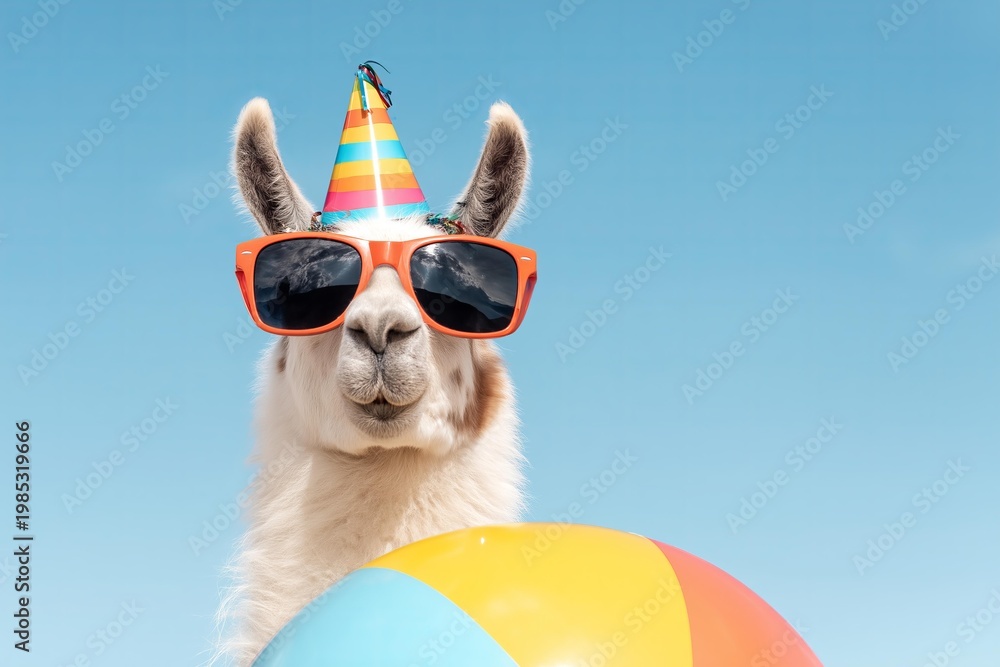 Fototapeta premium Funny llama wearing sunglasses and party hat with beach ball