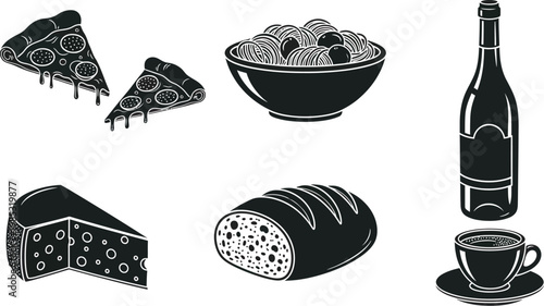 Food and drink icons, black and white illustration
