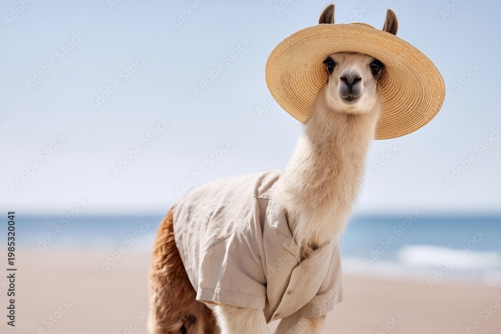 Fototapeta premium Llama wearing a straw hat and a shirt on a beach