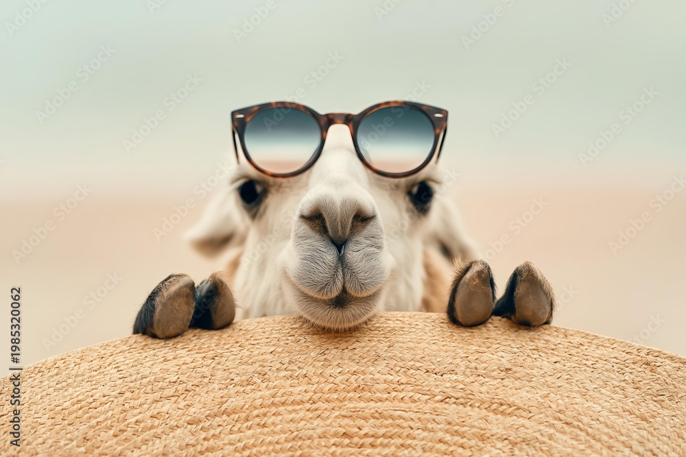 Fototapeta premium Llama wearing sunglasses peeking over a straw hat at the beach
