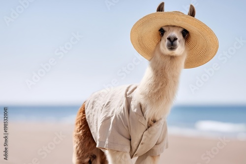 Llama wearing a straw hat and a shirt on a beach