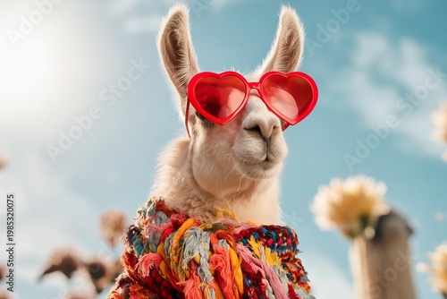 Cute llama wearing heart-shaped sunglasses and a colorful sweater against a blue sky