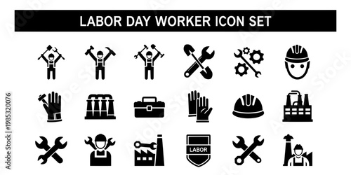 Informative Flat Design illustration of a Labor Day worker icon set with symbols for industry, tools, and construction professions