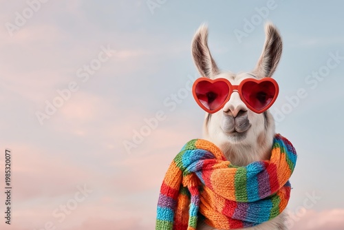 Llama wearing heart-shaped sunglasses and a colorful scarf against a pastel sky