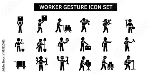 Informative Minimalist Worker Gesture Icon Set Vector Illustration for Industrial Labor and Construction