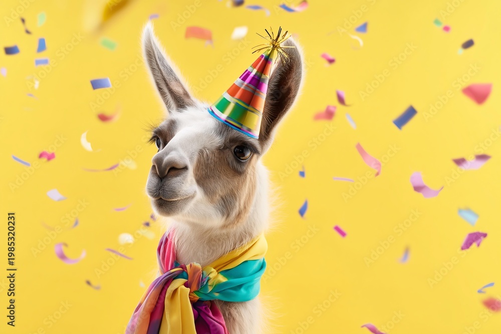 Fototapeta premium Festive llama wearing a party hat and colorful scarf with confetti