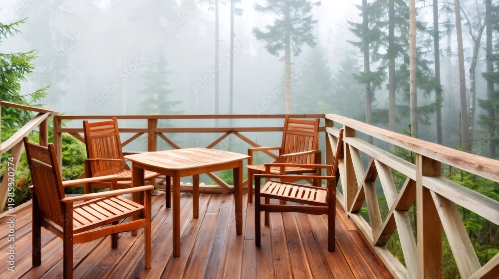 Obraz premium Wooden deck with table and chairs in foggy forest