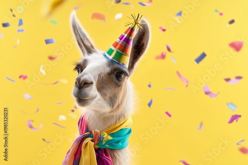 Festive llama wearing a party hat and colorful scarf with confetti