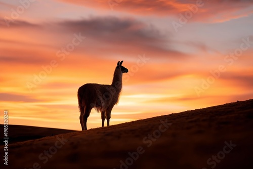 Llama silhouetted against a vibrant sunset on a hill