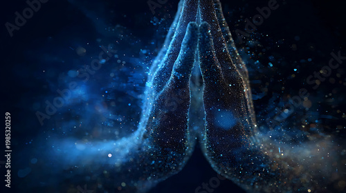 Hands in prayer position with a stunning light effect and a dark background