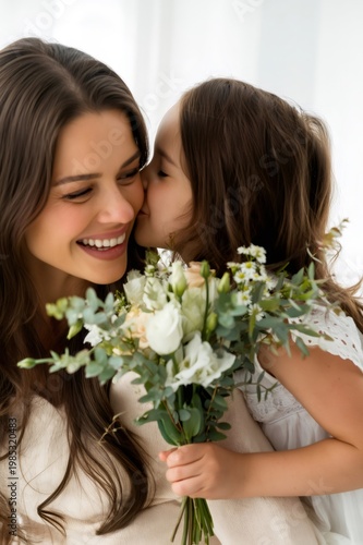 Daughter giving bouquet to smiling mother on Mother's Day