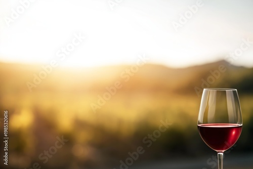 Glass of red wine at sunset in a vineyard with mountains