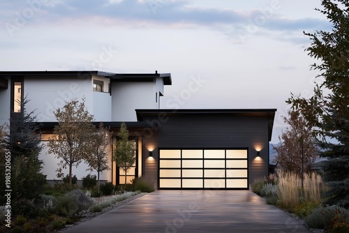 Modern glass garage door on a contemporary house at dusk