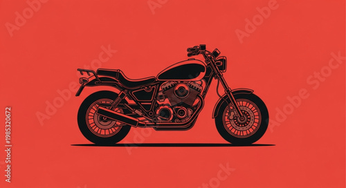 Classic Motorcycle Illustration on Red Background.