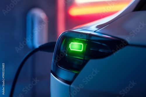 Electric car charging with a glowing green battery icon