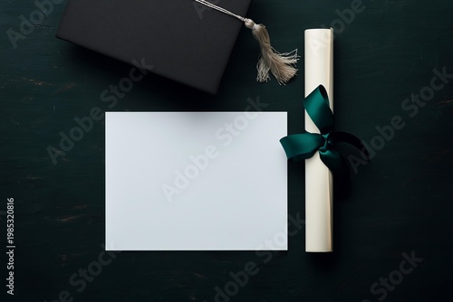 Graduation cap and diploma with blank paper and green ribbon