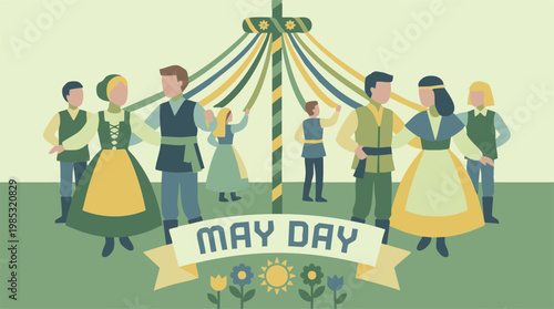 May Day celebration: People dancing around a colorful maypole illustration