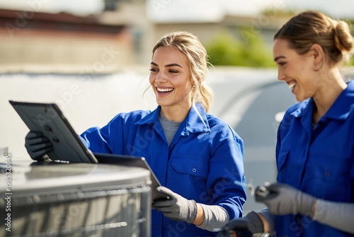 Two smiling women in blue uniforms working on HVAC unit outdoors