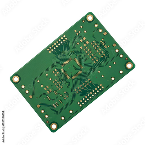 Green electronic circuit board with intricate components and design.