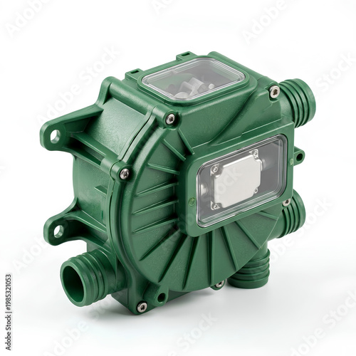 Green industrial equipment with transparent windows and multiple connection points.