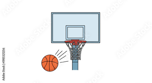 Vector illustration of a basketball hoop with a blue backboard and red rim, featuring an orange basketball with motion lines moving towards the net, isolated on a white background.