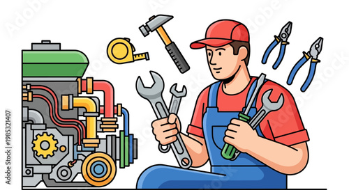 Mechanic Holding Wrench and Tools.
