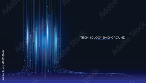 A futuristic background featuring cascading data and luminous fiber-optic strands in shades of blue, simulating moving data streams. A dynamic background for cloud computing, AI, IT, Big Data Tech
