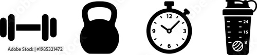 Fitness icons including dumbbell kettlebell timer and shaker