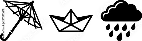 Black and white image of an umbrella a paper boat and a rainy cloud