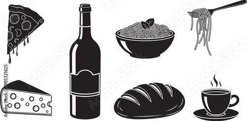 Food and drink icons set including pizza, wine, pasta, seafood, cheese, bread, coffee, black and white illustration for restaurant, menu, culinary concept