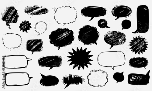 Grunge Speech Bubble Doodle Set – Hand Drawn Ink Chat Boxes, Comic Dialog Frames, Scribble Text Balloons Vector Collection.