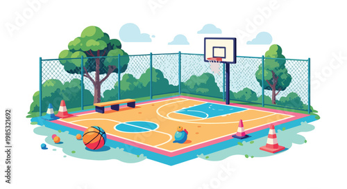 Vector illustration of a children's outdoor basketball court with a hoop, chain-link fence, wooden bench, orange traffic cones, basketball against a backdrop of green trees.