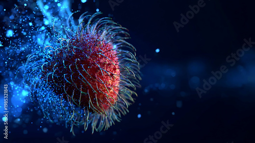 A close-up view of a vibrant red pathogen cell, with dynamic particles around. The scene is set on a dark background