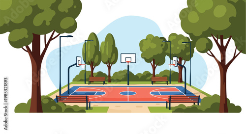 Vector illustration of an outdoor public basketball court featuring a red and blue surface, three hoops, wooden park benches, street lights, and green leafy trees in a park setting.