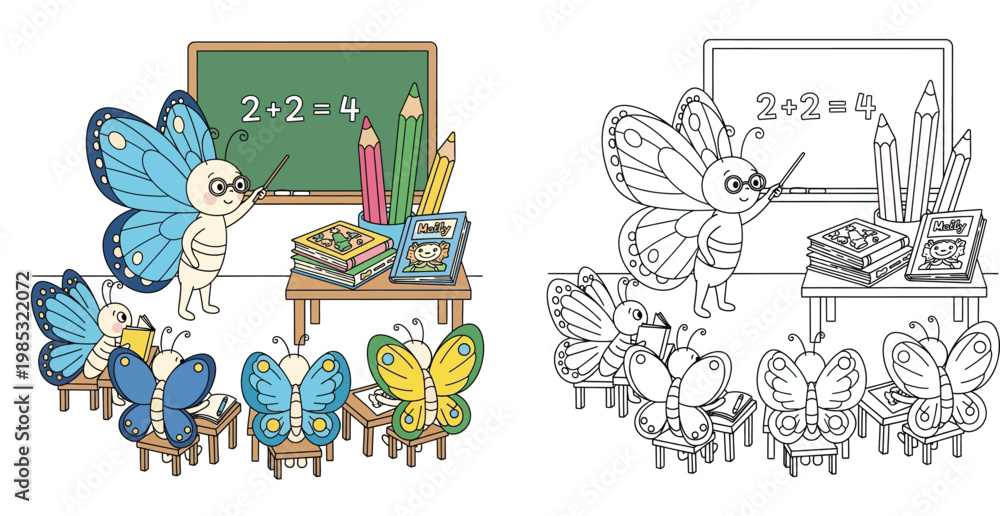 Fototapeta premium Cute Butterfly Teacher in Classroom Teaching Math to Student Butterflies, with Matching Coloring Page Vector Illustration for Kids Education Activity