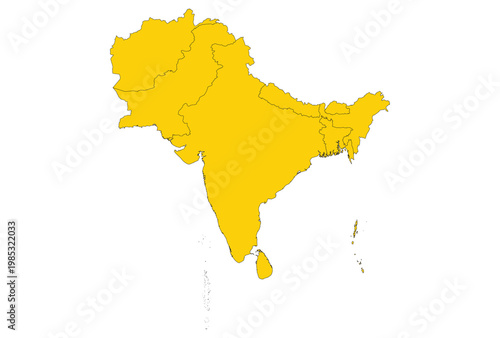 South Asia with Countries map outline vector illustration.